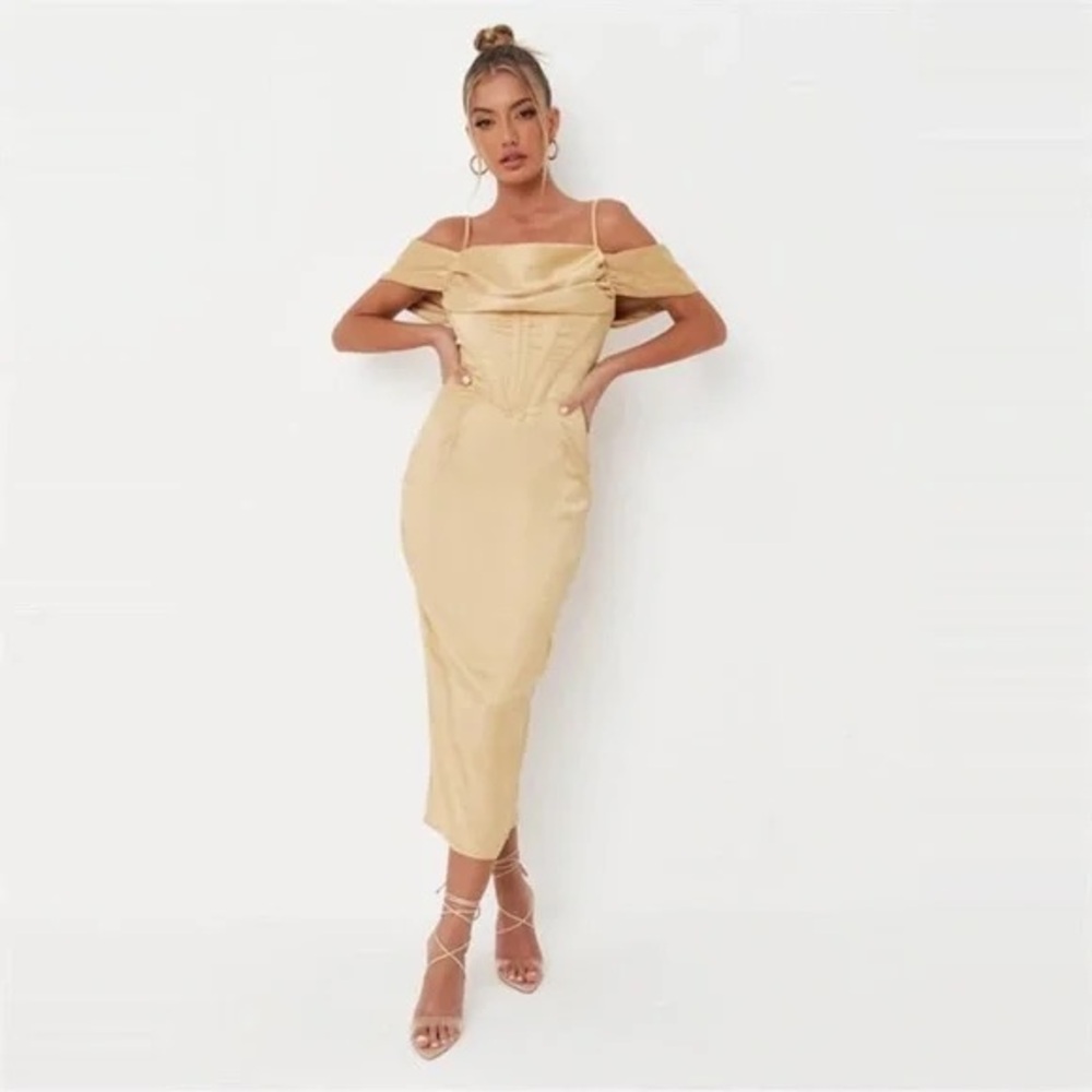 Missguided Corset Gold Midi Off-Shoulder Gold Dress